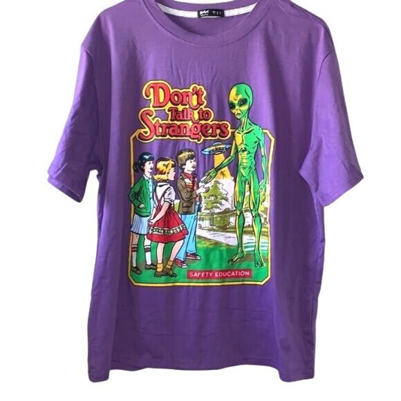 Dont Talk To Strangers Graphic T-Shirt Romwe L Purple Alien Print - Picture 1 of 8